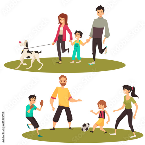 Family spending time together outdoors, flat vector illustration isolated.