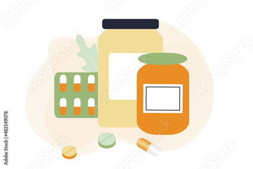 Landing page of prescription drugs, medical prescription, first aid kit and medical supplies. Concept of pharmacy, drugstore, diagnosis, clinic, hospital, healthcare. Simple flat vector illustration.	