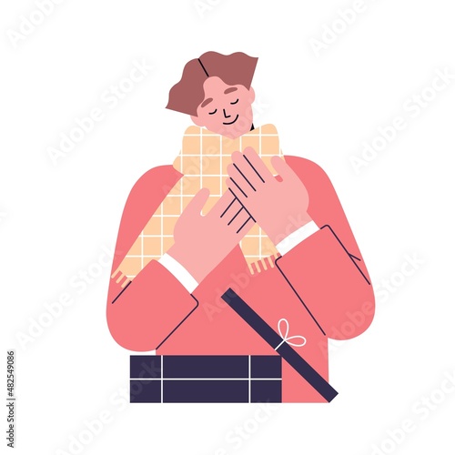 Happy man in scarf, open gift box for winter holiday. Guy glad with warm cozy Christmas surprise. Smiling person and package with bow. Flat vector illustration isolated on white background