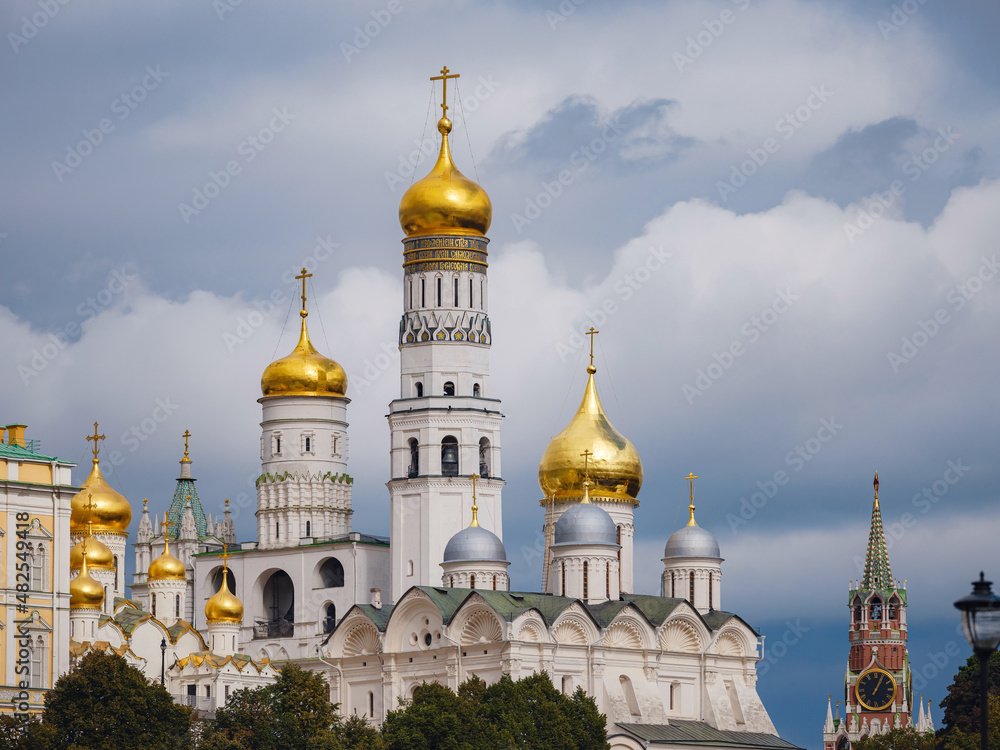 travel to moscow, russia, main tourist attractions. Grand Kremlin palace. Church Of The Kremlin. Kremlin embankment. river Moscow. Popular tourist attraction. Business card of Moscow.