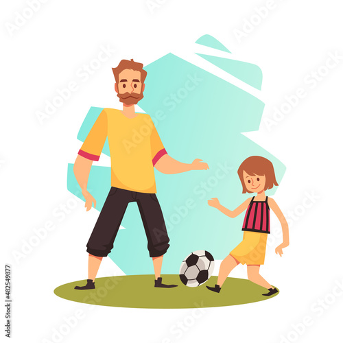 Father with child playing football together, flat vector illustration isolated.