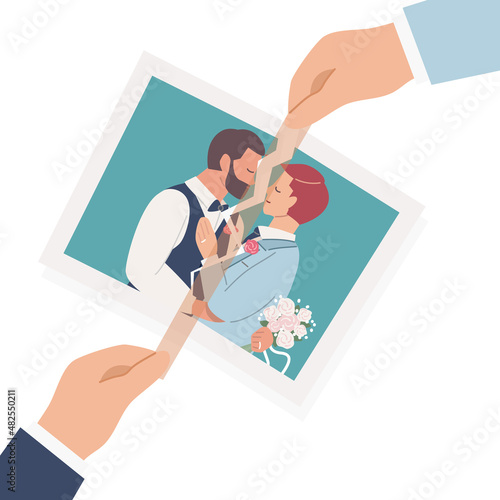 Gay couple hands stick tape on torn wedding photo. LGBT recovery from Break up and divorce concept. Flat vector cartoon illustration.