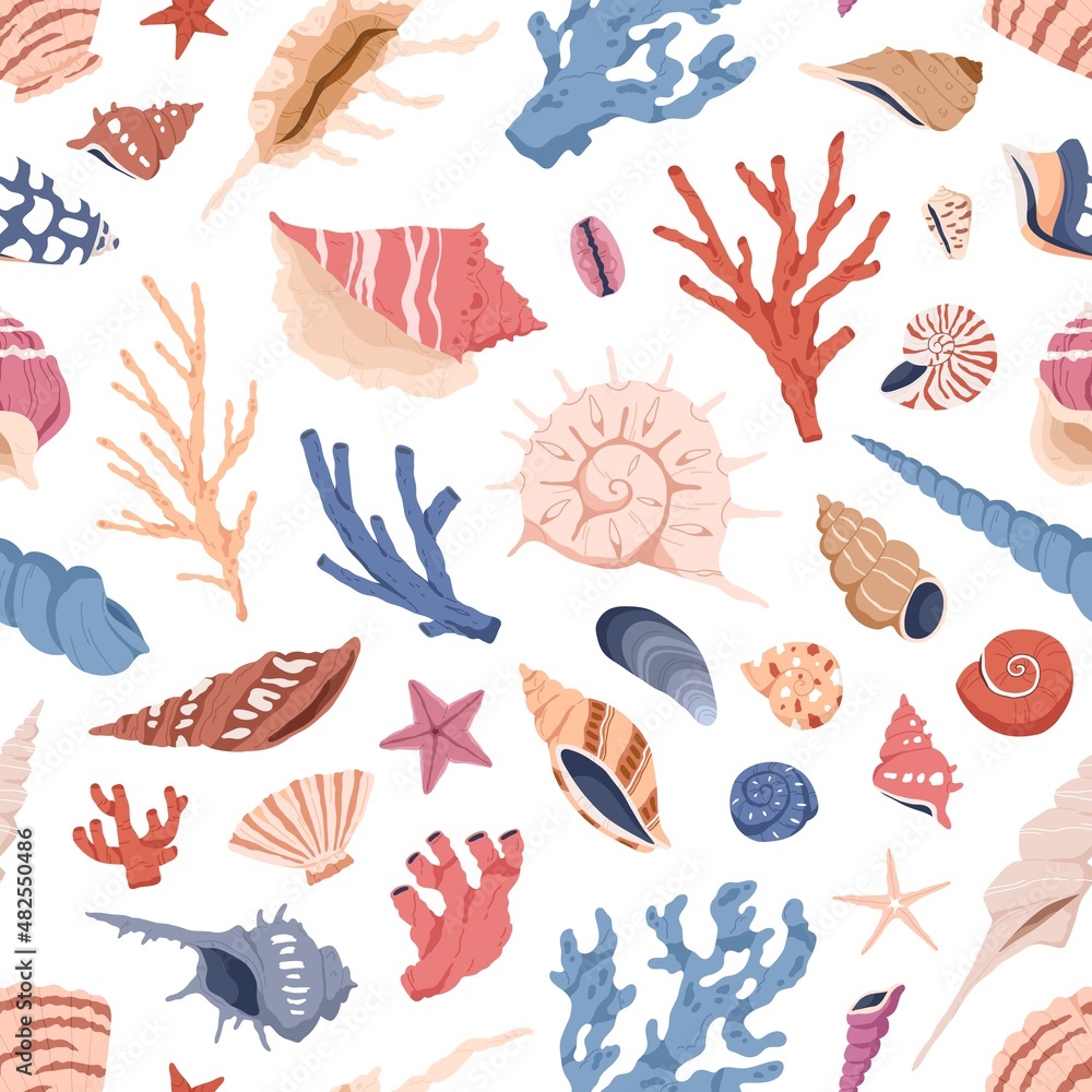 Sea shells, corals and conches pattern. Seamless marine background with seashells, mollusks, scallops, shellfishes and starfishes. Endless repeating print for decor. Colored drawn vector illustration Sea shells, corals and conches pattern. Seamless marine background with seashells, mollusks, scallops, shellfishes and starfishes. Endless repeating print for decor. Colored drawn vector illustration