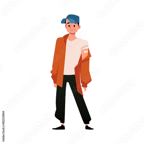 Young man vaccinated for COVID, isolated cartoon character on white background. Vector illustration.