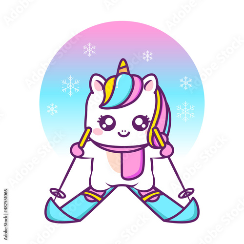 cute unicorn skiing in the winter cold