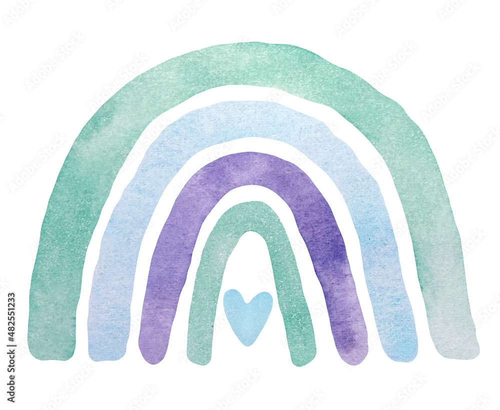 Watercolor nursery blue rainbow in scandinavian boho style for baby boy. Watercolor nursery blue rainbow in scandinavian boho style for baby boy.