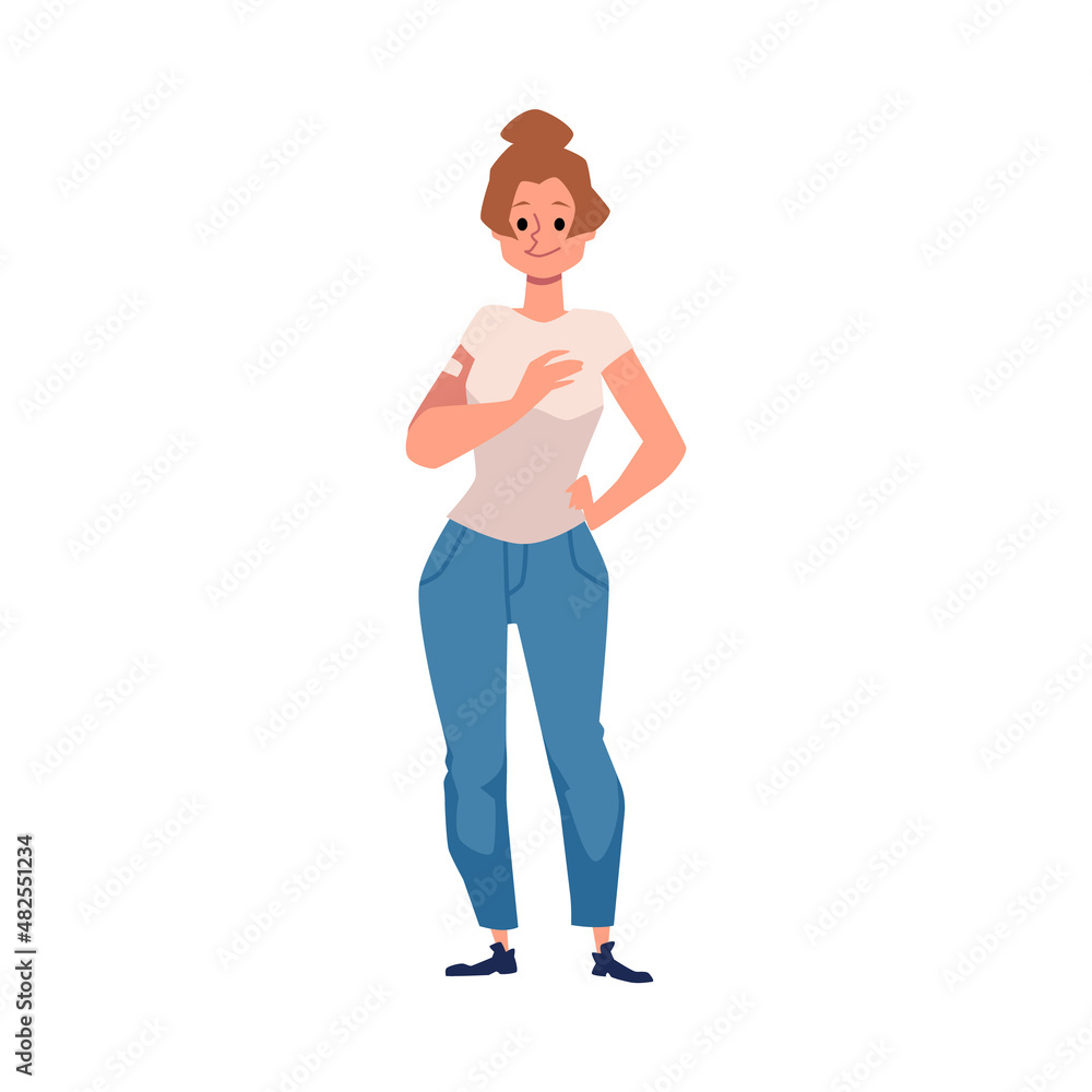 Young woman get vaccinated for COVID, flu or other disease, isolated. Female wearing jeans stand after vaccine shot. Young woman get vaccinated for COVID, flu or other disease, isolated. Female wearing jeans stand after vaccine shot.