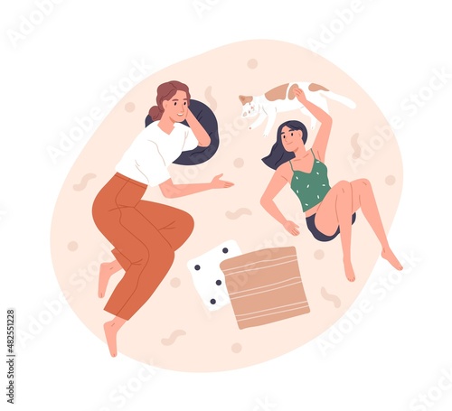 Happy mother and daughter talking. Good healthy parent-teen relationship concept. Mom and teenager girl relaxing, chatting, spend time together. Flat vector illustration isolated on white background