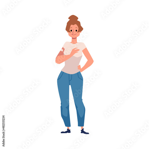 Young woman get vaccinated for COVID, flu or other disease, isolated. Female wearing jeans stand after vaccine shot.