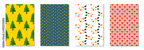 水彩花と植物のパターンセット