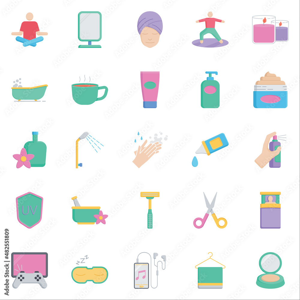 Best Collection of Self Care Icons with Flat Style Includes Yoga, Meditation, Face Mask, Shower, Lotion, Tea. Perfect for Websites, Advertisements, Banners, Posters, Billboards, Templates, Logos. Best Collection of Self Care Icons with Flat Style Includes Yoga, Meditation, Face Mask, Shower, Lotion, Tea. Perfect for Websites, Advertisements, Banners, Posters, Billboards, Templates, Logos.