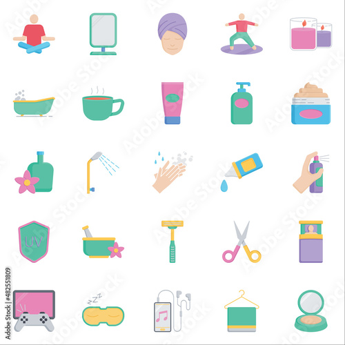 Best Collection of Self Care Icons with Flat Style Includes Yoga, Meditation, Face Mask, Shower, Lotion, Tea. Perfect for Websites, Advertisements, Banners, Posters, Billboards, Templates, Logos.