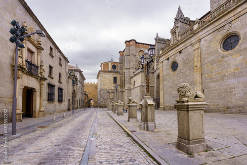 Pedestrian street next to the medieval cathedral and ancient monuments in the city of Avila  Spain.