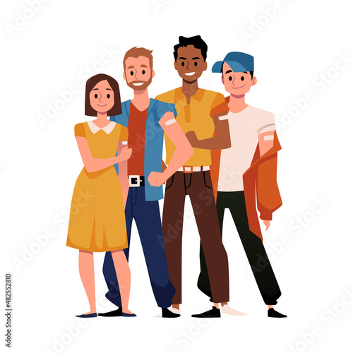 Young people vaccinated for COVID, flu or other disease, isolated on white background. Cartoon vector illustration.
