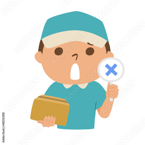 ダンボールを持った配達業者の男性のイラスト。不正解のバツマークを持っている男性。