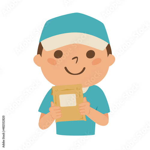 ダンボールを持った配達業者の男性のイラスト。小さな荷物を持っている男性。