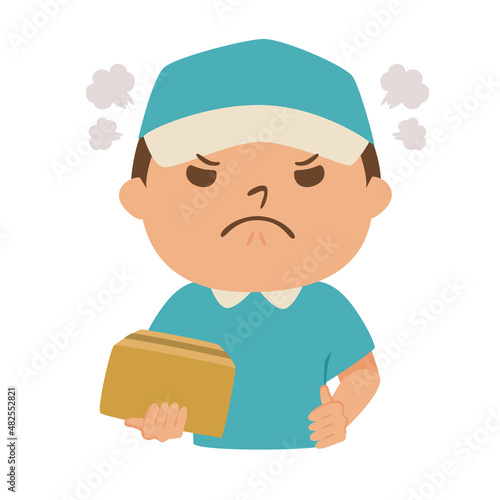 ダンボールを持った配達業者の男性のイラスト。怒っている男性。