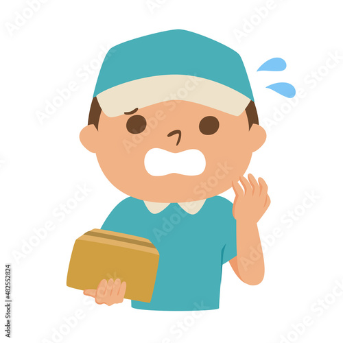 ダンボールを持った配達業者の男性のイラスト。慌ててる男性。