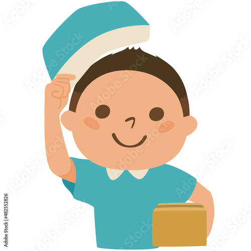 ダンボールを持った配達業者の男性のイラスト。帽子を上げて挨拶してる男性。