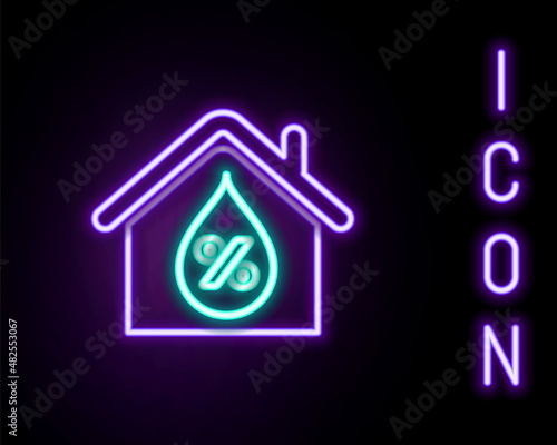 Glowing neon line House humidity icon isolated on black background. Weather and meteorology, thermometer symbol. Colorful outline concept. Vector