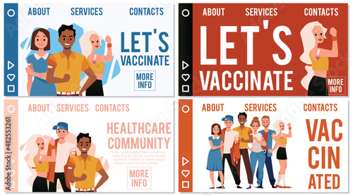 Young people vaccinated for COVID, healthcare vector poster. Diverse persons got their vaccine shot for coronavirus.
