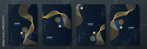 Elegant luxury black and gold cover design background with abstract lines. Modern black stripe cover design set. Luxury creative gold dynamic diagonal line pattern for business, invitation, wedding