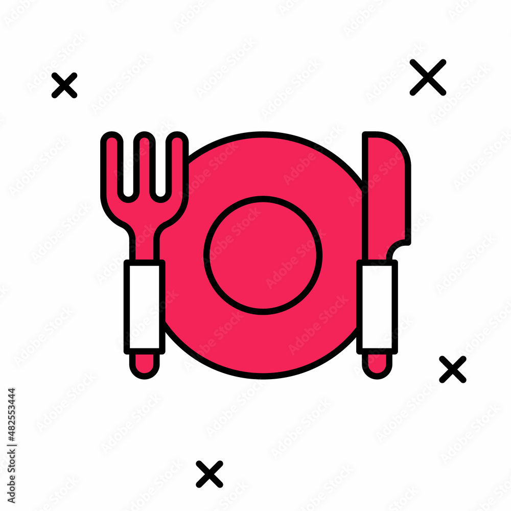 Filled outline Plate, fork and knife icon isolated on white background. Cutlery symbol. Restaurant sign. Vector