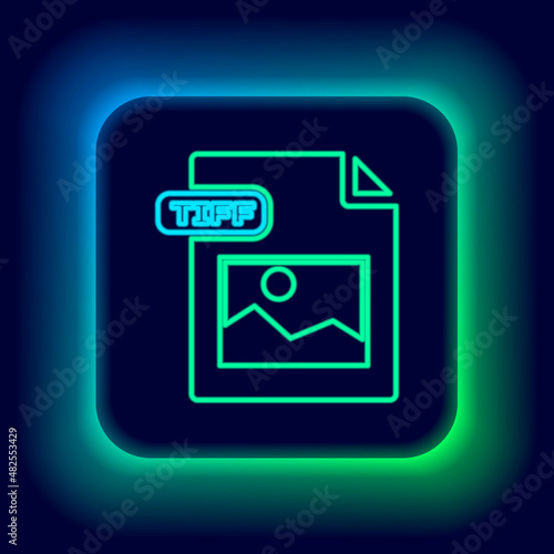 Glowing neon line TIFF file document. Download tiff button icon isolated on black background. TIFF file symbol. Colorful outline concept. Vector