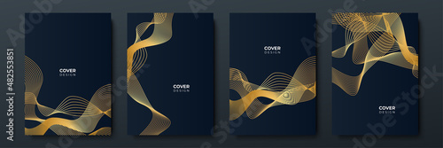 Elegant luxury black and gold cover design background with abstract lines. Modern black stripe cover design set. Luxury creative gold dynamic diagonal line pattern for business, invitation, wedding