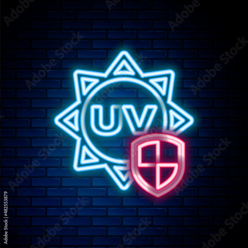 Glowing neon line UV protection icon isolated on brick wall background. Sun and shield. Ultra violet rays radiation. SPF sun sign. Colorful outline concept. Vector