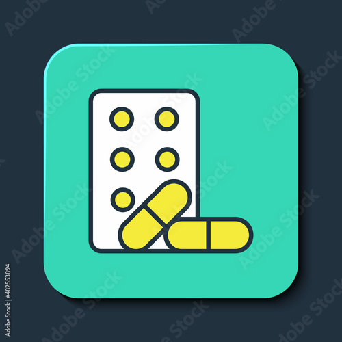 Filled outline Sports doping, anabolic drugs with dumbbell icon isolated on blue background. Anabolic steroids tablet. Pills in jar. Turquoise square button. Vector