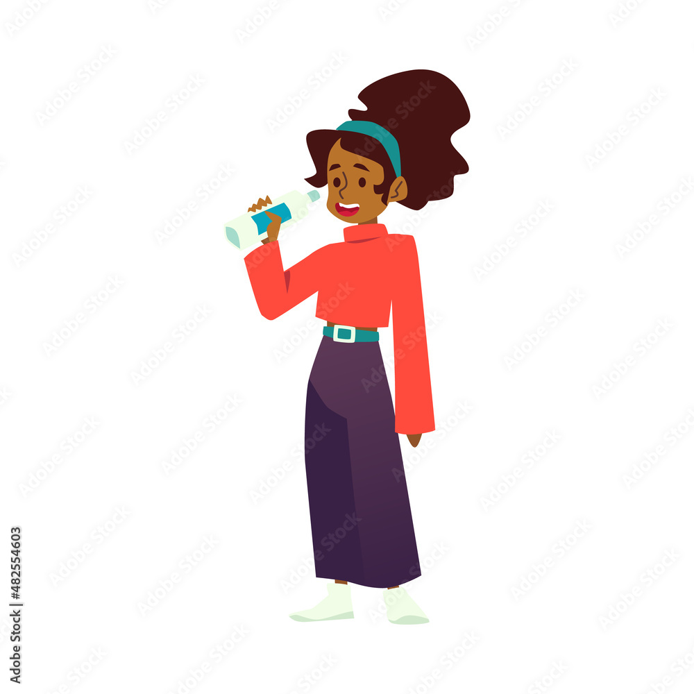 Kid holds bottle of water, flat vector illustration isolated on white background. Kid holds bottle of water, flat vector illustration isolated on white background.