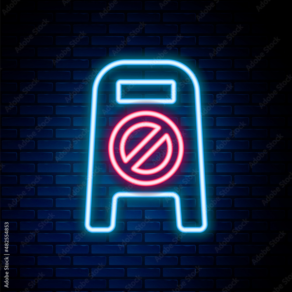 Glowing neon line Wet floor and cleaning in progress icon isolated on brick wall background. Cleaning service concept. Colorful outline concept. Vector Glowing neon line Wet floor and cleaning in progress icon isolated on brick wall background. Cleaning service concept. Colorful outline concept. Vector