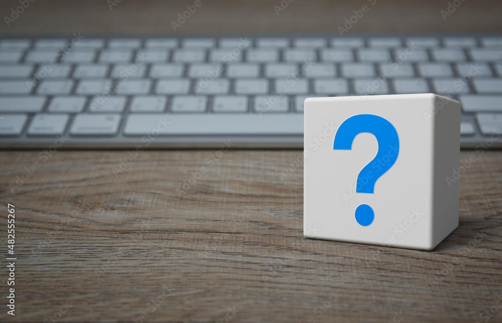 Question mark sign flat icon on white block cube with modern computer keyboard on wooden table, Business customer service and support online concept Question mark sign flat icon on white block cube with modern computer keyboard on wooden table, Business customer service and support online concept