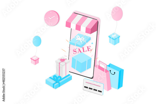 3D realistic online shopping on landing web page or mobile application concept of vector digital marketing template. Isometric paper art for digital store promotion, payment, delivery, big sale, ads. 