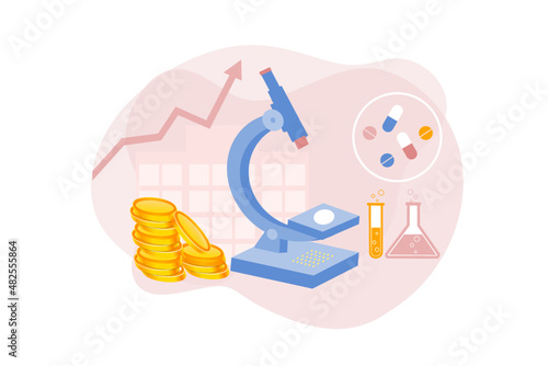 Pharmacological and heath care drugs development business concept. Pharma industry with medical equipment and therapy pills research for illness and disease. Flat vector for web, banner, infographics.