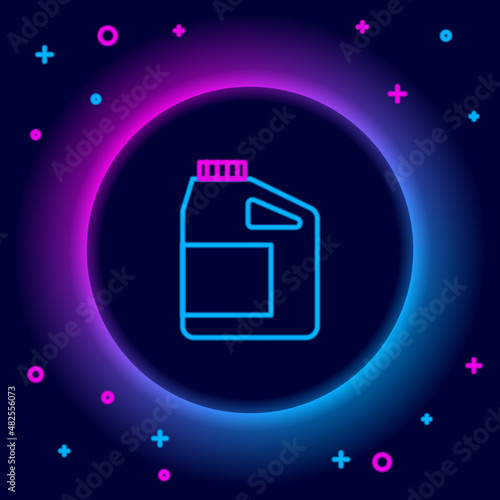 Glowing neon line Canister for motor machine oil icon isolated on black background. Oil gallon. Oil change service and repair. Engine oil sign. Colorful outline concept. Vector