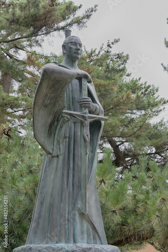 Takaoka, Japan 01 Aug, 2017- Statue of Takayama Ukon (1552-1615) at Takaoka castle Park in Takaoka, Toyama, Japan. Takayama Ukon was a Christian feudal lord in medieval Japan.