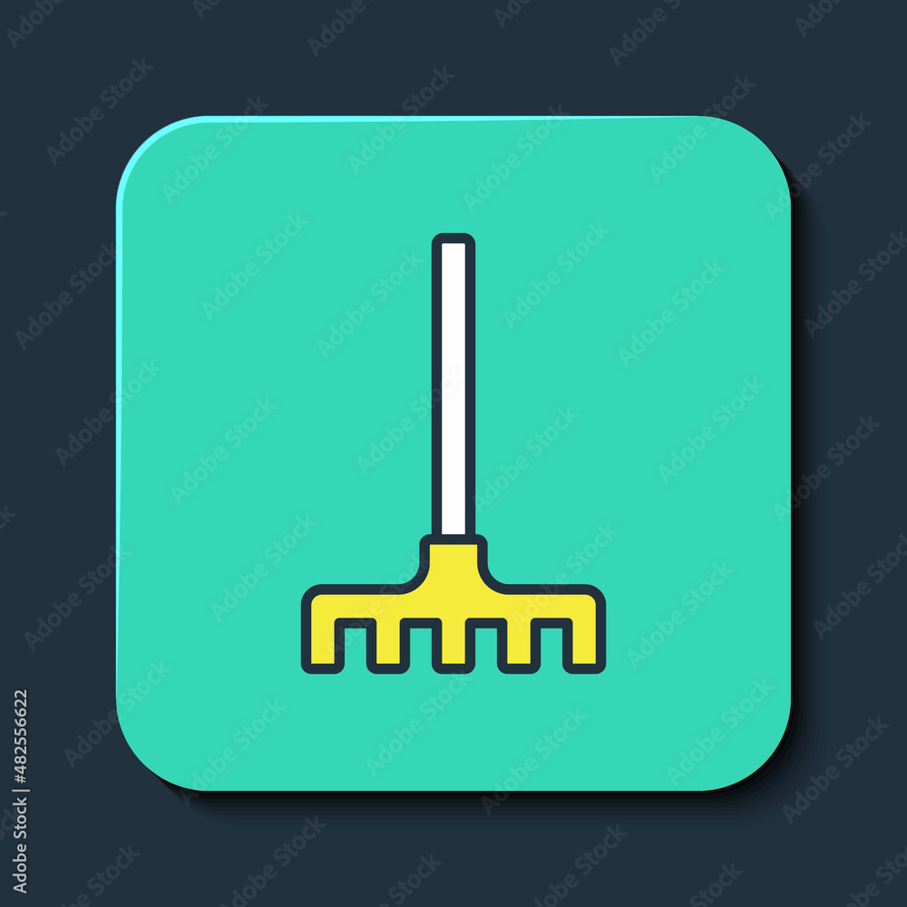 Filled outline Garden rake icon isolated on blue background. Tool for horticulture, agriculture, farming. Ground cultivator. Housekeeping equipment. Turquoise square button. Vector Filled outline Garden rake icon isolated on blue background. Tool for horticulture, agriculture, farming. Ground cultivator. Housekeeping equipment. Turquoise square button. Vector