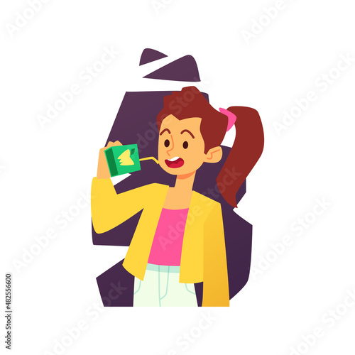 Child girl drinks apple juice from carton with straw, flat vector illustration isolated on white background.