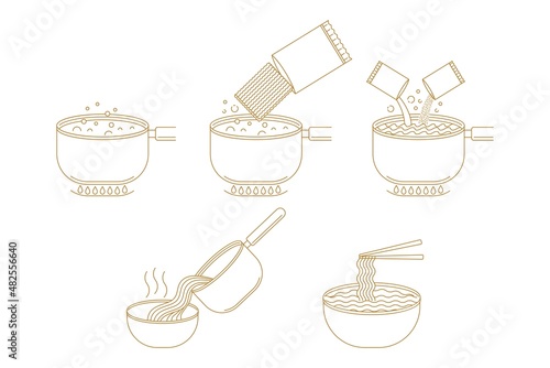 Instruction How to cooking instant noodle outline doodle hand drawn vector illustration