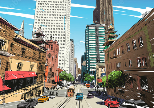 San Francisco city hand drawn. Street sketch, vector illustration