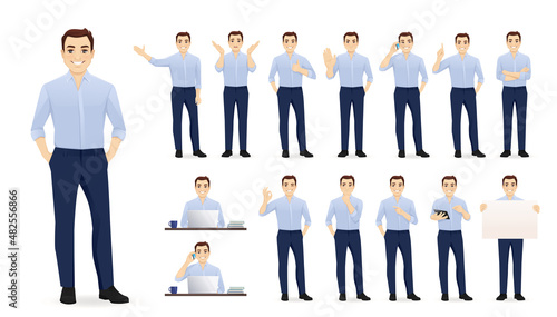 Handsome business young man in blue shirt. Different poses set. Various gestures male character standing and sitting at the desk isolated vector illustration