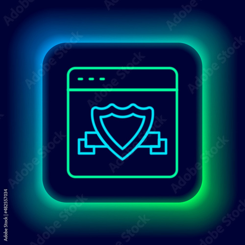 Glowing neon line Browser with shield icon isolated on black background. Security, safety, protection, privacy concept. Colorful outline concept. Vector