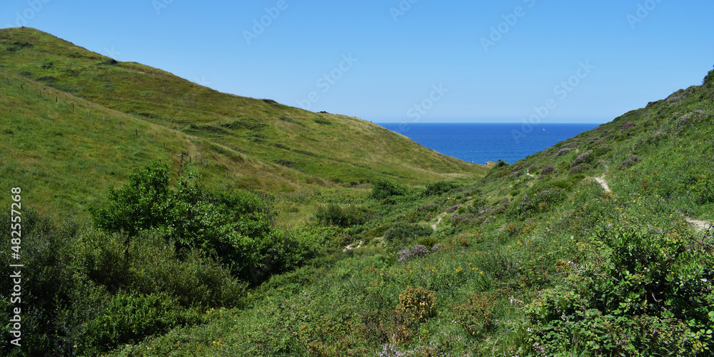 Paisaje de montañas y prados en primavera.