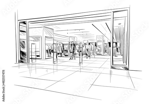 Fashion store hand drawn sketch interior design. Vector illustration