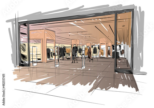 Fashion store hand drawn sketch interior design. Vector illustration