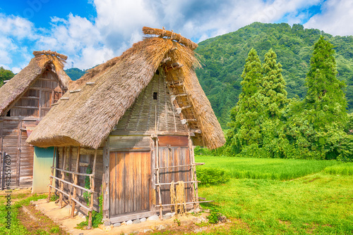 Nanto, Japan - Jul 31 2017- Gassho-zukuri houses at Suganuma village, Gokayama area, Nanto City, Toyama Prefecture, Japan. UNESCO World Heritage Site - Historic Villages of Shirakawa-go and Gokayama. photo