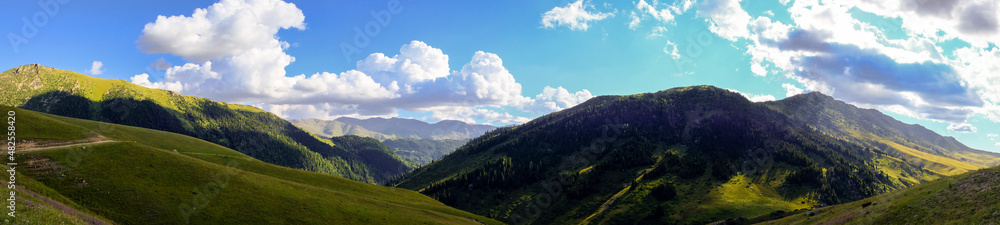 Dzungarian Alatau mountain range. Tourism, travel in Kazakhstan, concept.