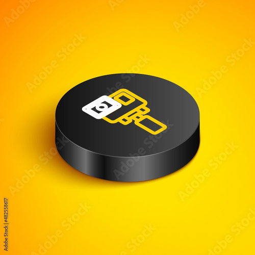 Isometric line Action extreme camera icon isolated on yellow background. Video camera equipment for filming extreme sports. Black circle button. Vector
